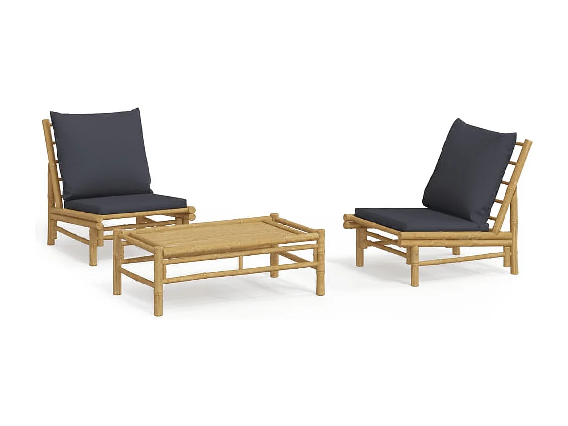 3-tlg. Garten-Sitzgruppe: Sofa + Tisch | Garten-Lounge-Set mit Dunkelgrauen Kissen Bambus -GKD235975