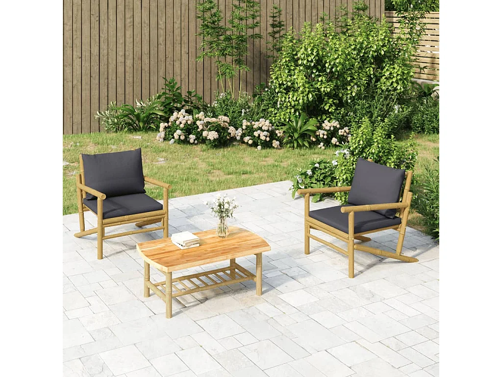 Salon de jardin 3 pcs avec coussins gris foncé bambou BE64151