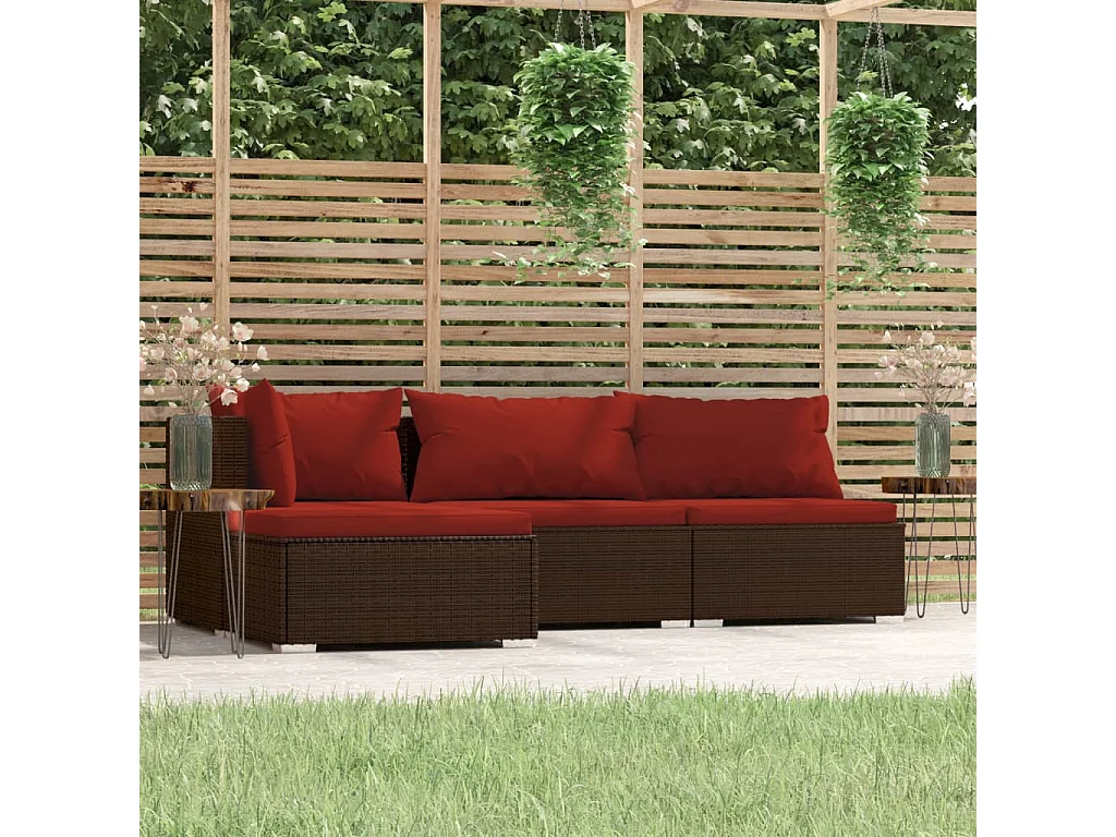 4-tlg. Garten-Sitzgruppe | Garten-Lounge-Set mit Kissen Braun Poly Rattan -GKD584294