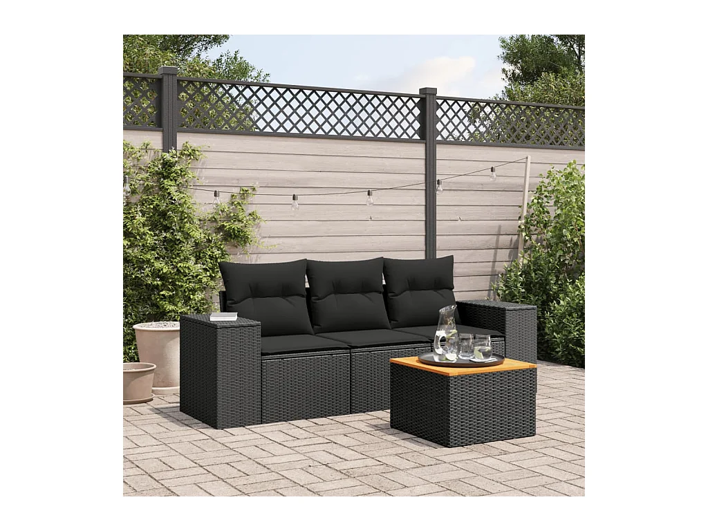 Salon de jardin 4 pcs avec coussins noir résine tressée SSG90059