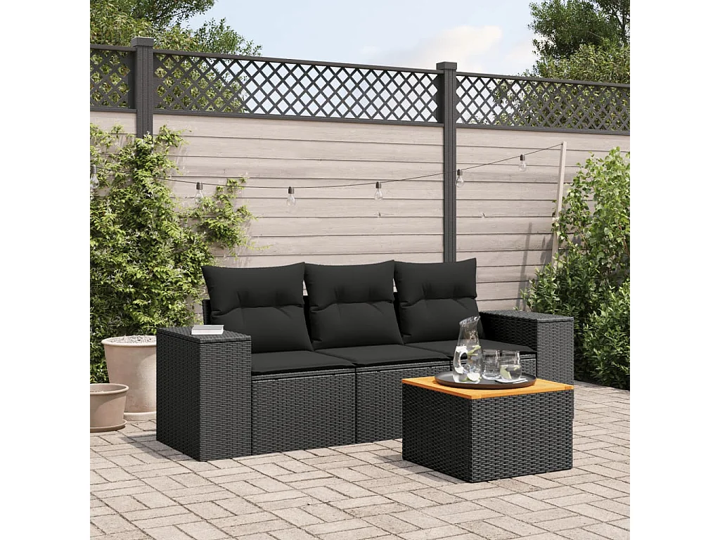 4-tlg. Garten-Sofagarnitur,Gartenmöbel-Set mit Kissen Schwarz Poly Rattan -gkd127320