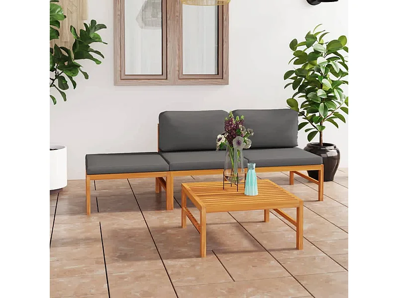 4-tlg. Garten-Sitzgruppe: Sofa + Tisch | Garten-Lounge-Set mit Grauen Kissen Massivholz Teak -GKD142581