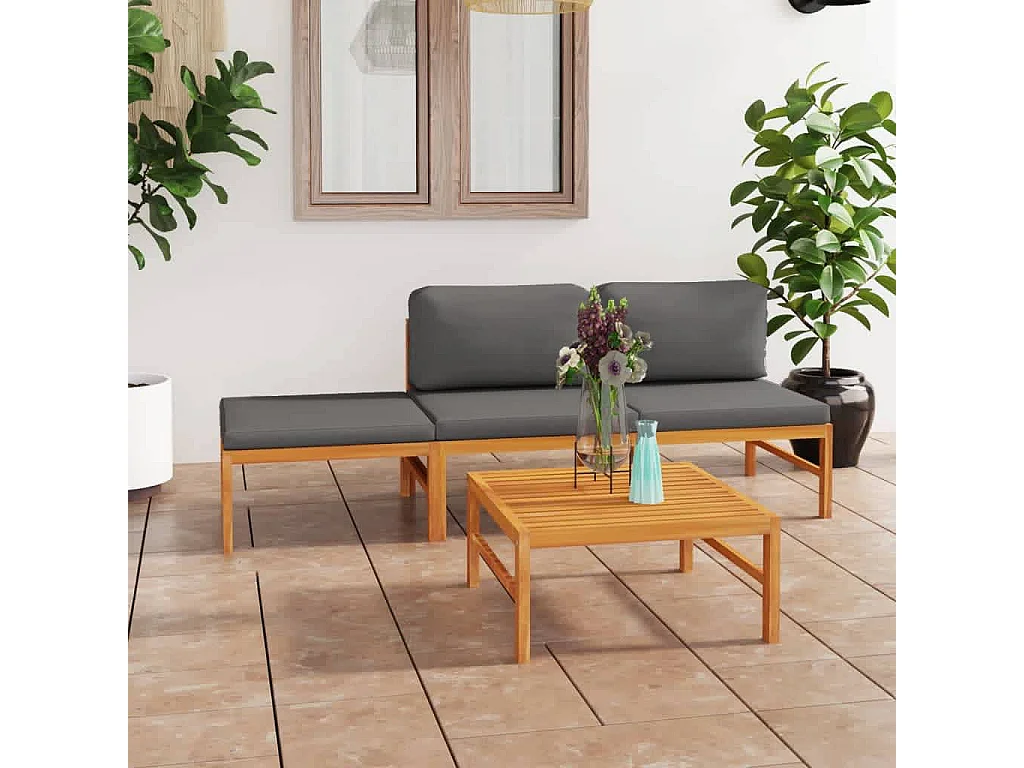 4-tlg. Garten-Sitzgruppe: Sofa + Tisch | Garten-Lounge-Set mit Grauen Kissen Massivholz Teak -GKD142581