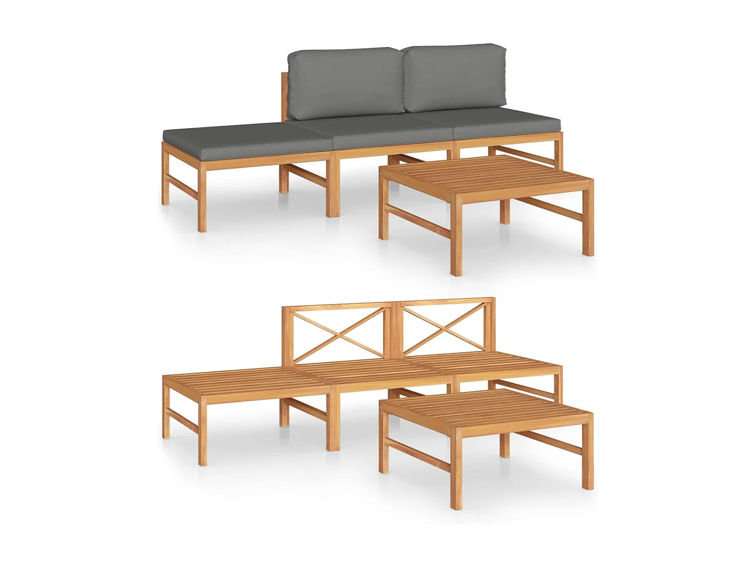 4-tlg. Garten-Sitzgruppe: Sofa + Tisch | Garten-Lounge-Set mit Grauen Kissen Massivholz Teak -GKD142581