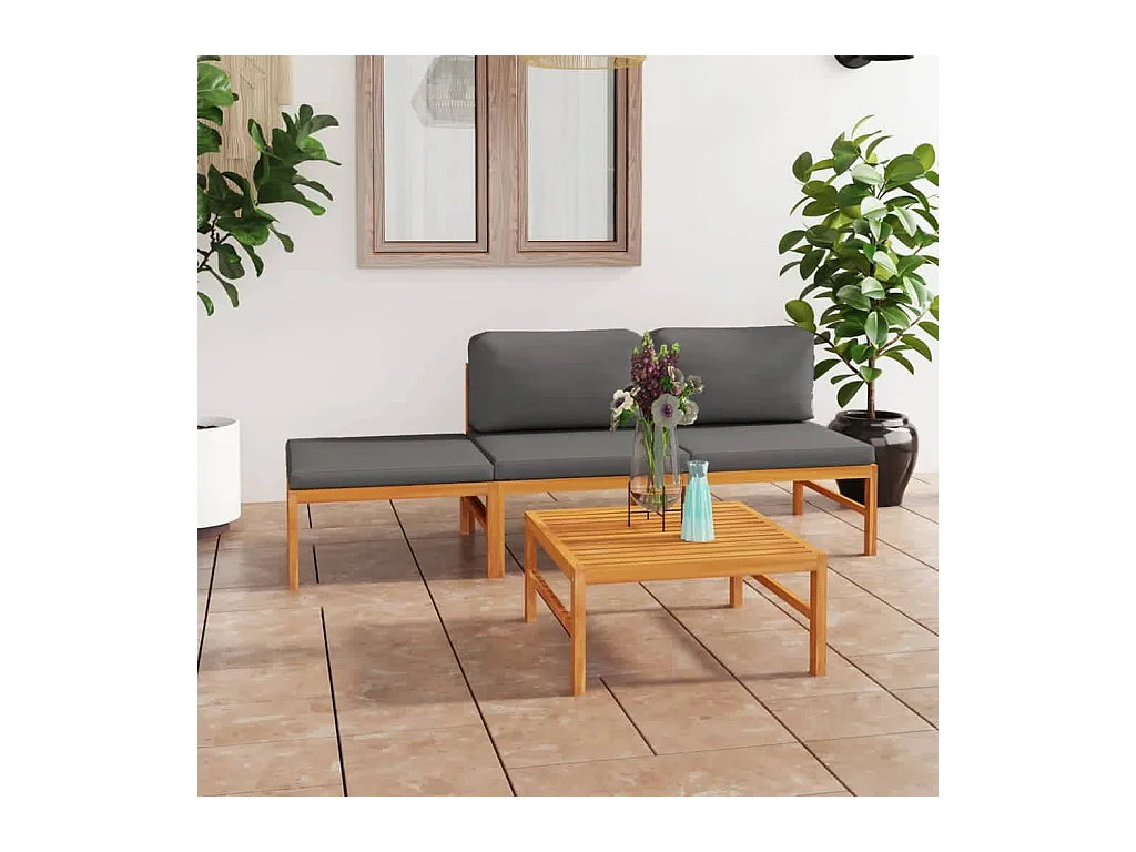Salon de jardin 4 pcs avec coussins gris Bois de teck solide BE92205