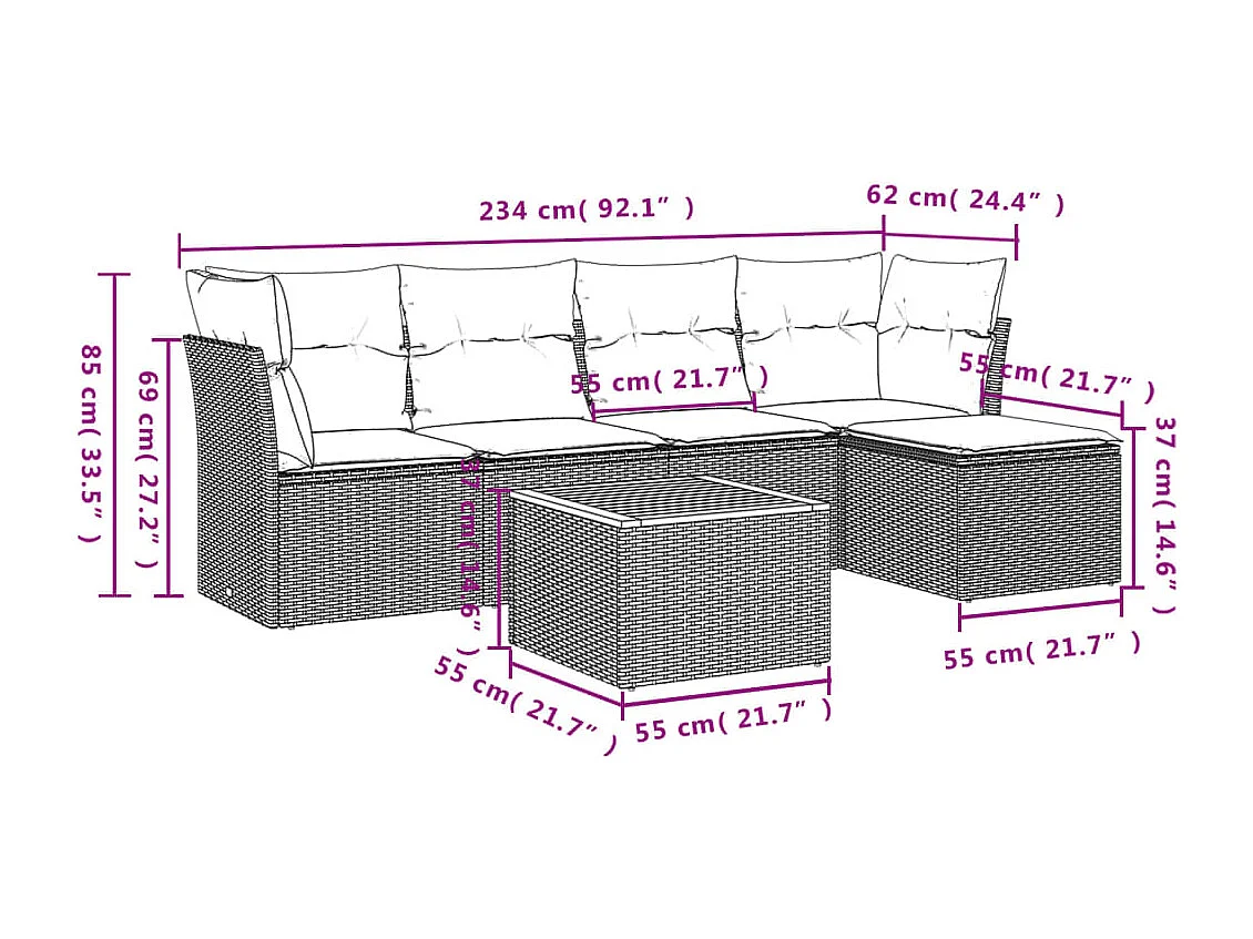 6 pzas Salón de jardín con cojines ratán sintético beige ES92942
