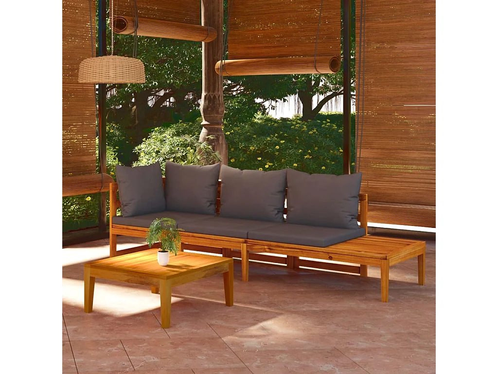 3-tlg. Garten-Sitzgruppe: Sofa + Tisch | Garten-Lounge-Set mit Dunkelgrauen Kissen Massivholz Akazie -GKD156930