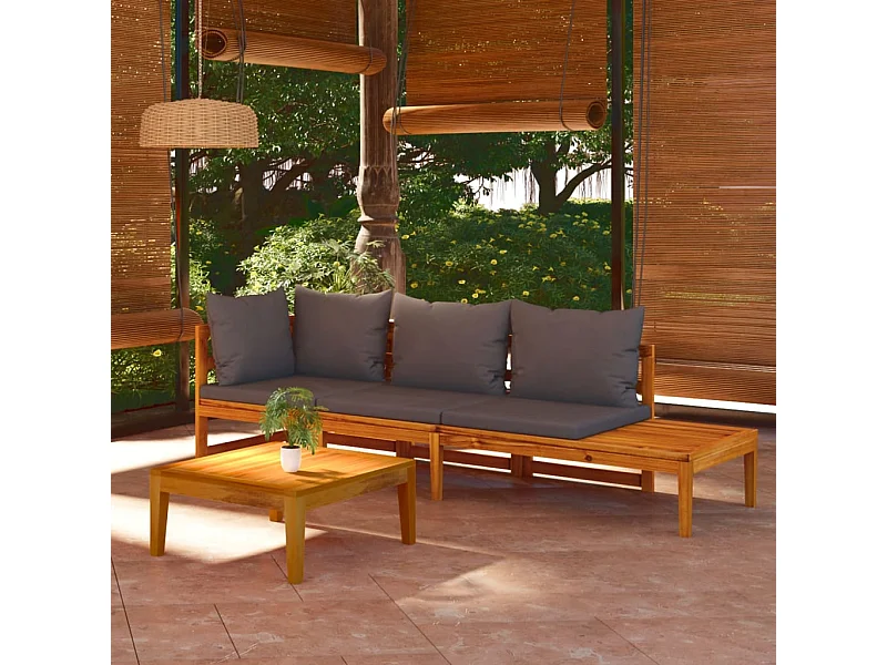 3-tlg. Garten-Sitzgruppe: Sofa + Tisch | Garten-Lounge-Set mit Dunkelgrauen Kissen Massivholz Akazie -GKD156930