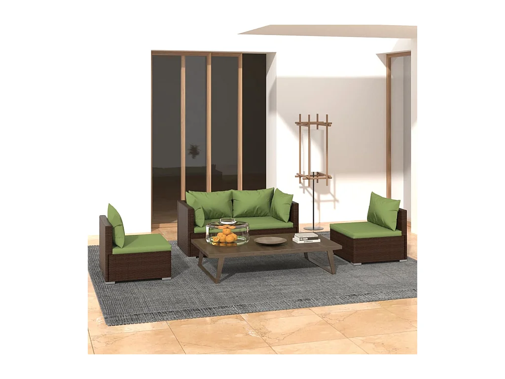 4 pcs conjunto lounge jardim c/ almofadões vime PE castanho PT35416