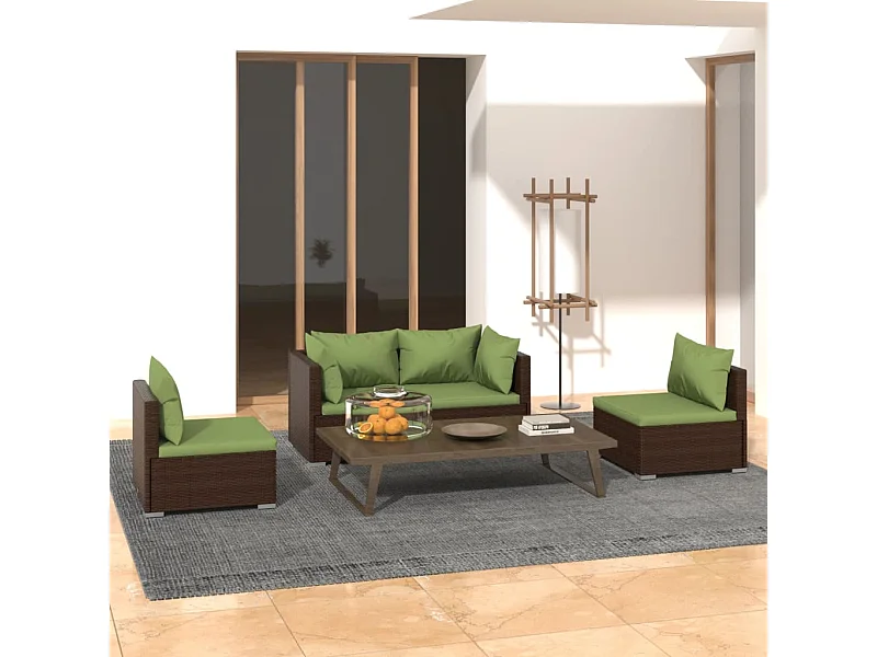 4 pcs conjunto lounge jardim c/ almofadões vime PE castanho PT35416