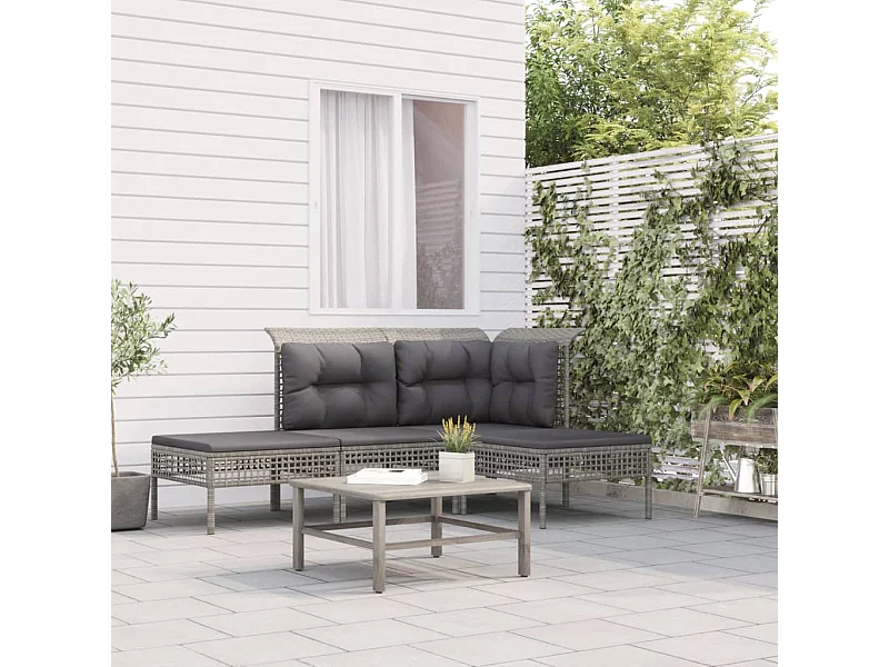Salon de jardin 4 pcs avec coussins Gris Résine tressée BE53893