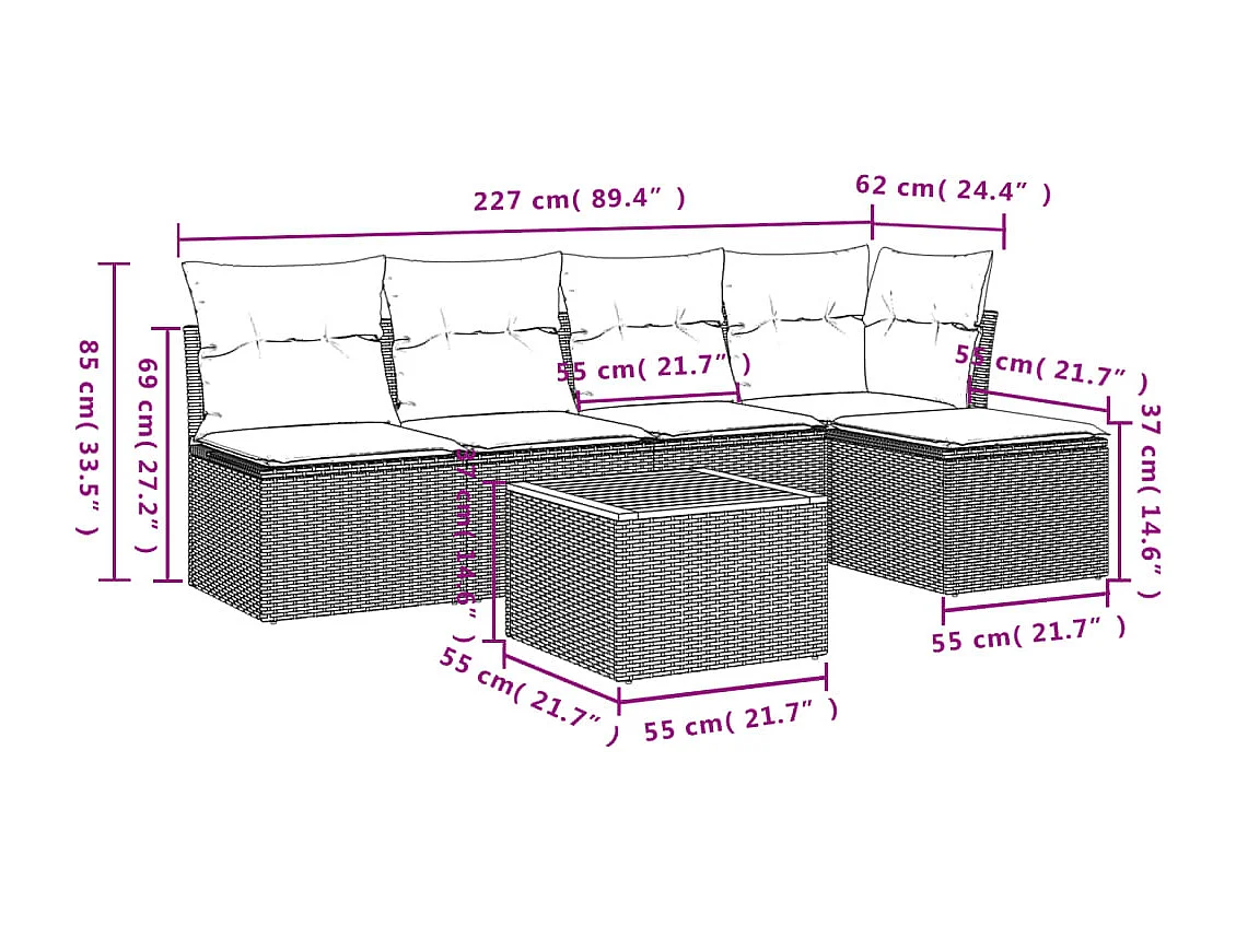 Salon de jardin 6 pcs avec coussins noir résine tressée BE34745