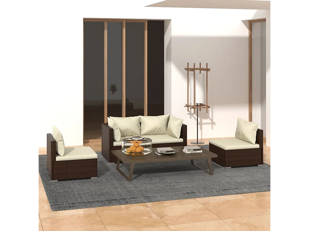 4-tlg. Garten-Sitzgruppe | Garten-Lounge-Set mit Kissen Poly Rattan Braun -GKD525226