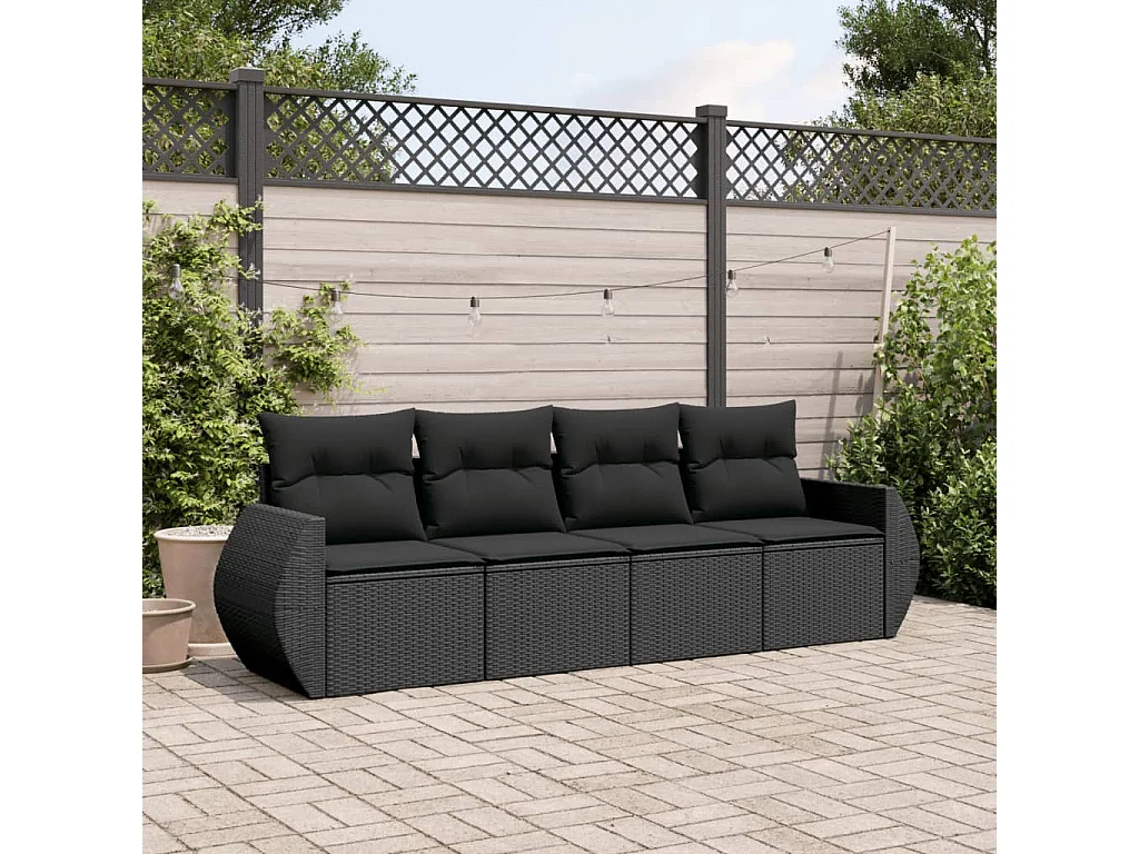 Salon de jardin 4 pcs avec coussins noir résine tressée BE80871