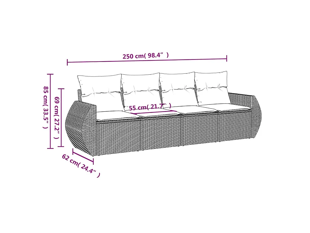 Salon de jardin 4 pcs avec coussins noir résine tressée BE80871