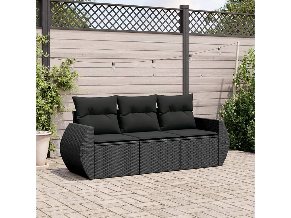 Salon de jardin 3 pcs avec coussins noir résine tressée BE57355