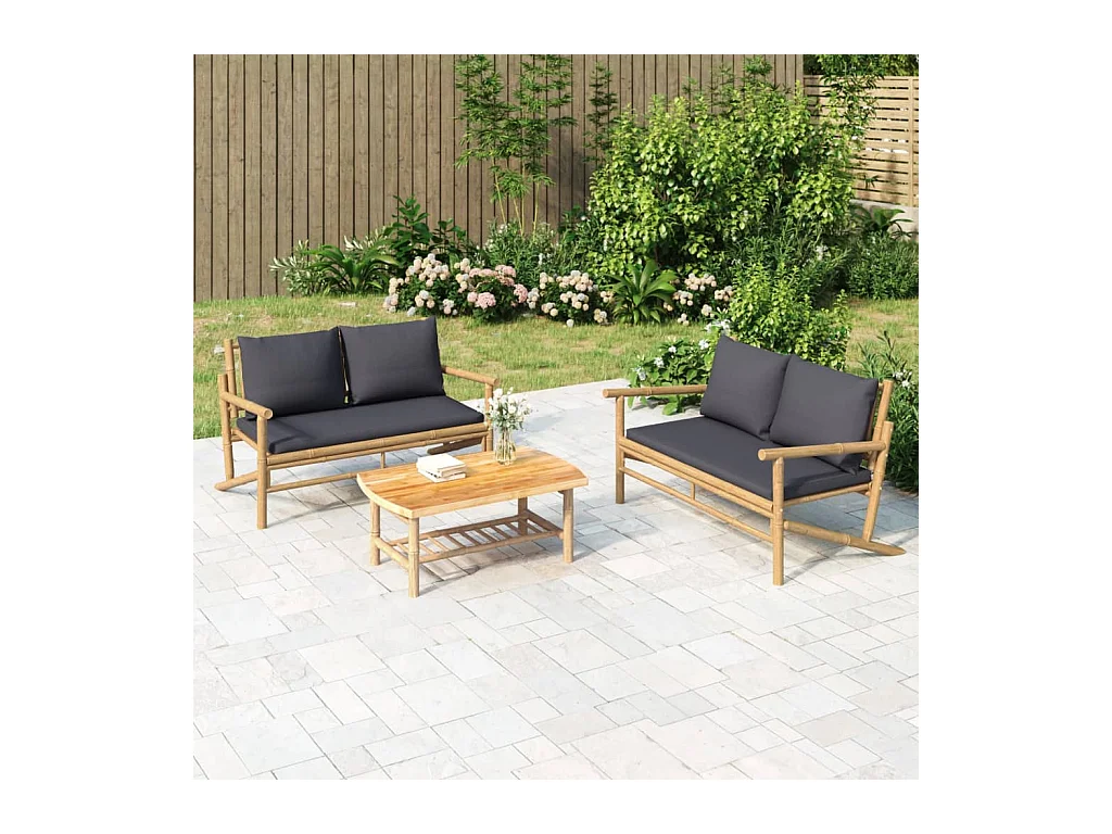 Salon de jardin 3 pcs avec coussins gris foncé bambou BE56374