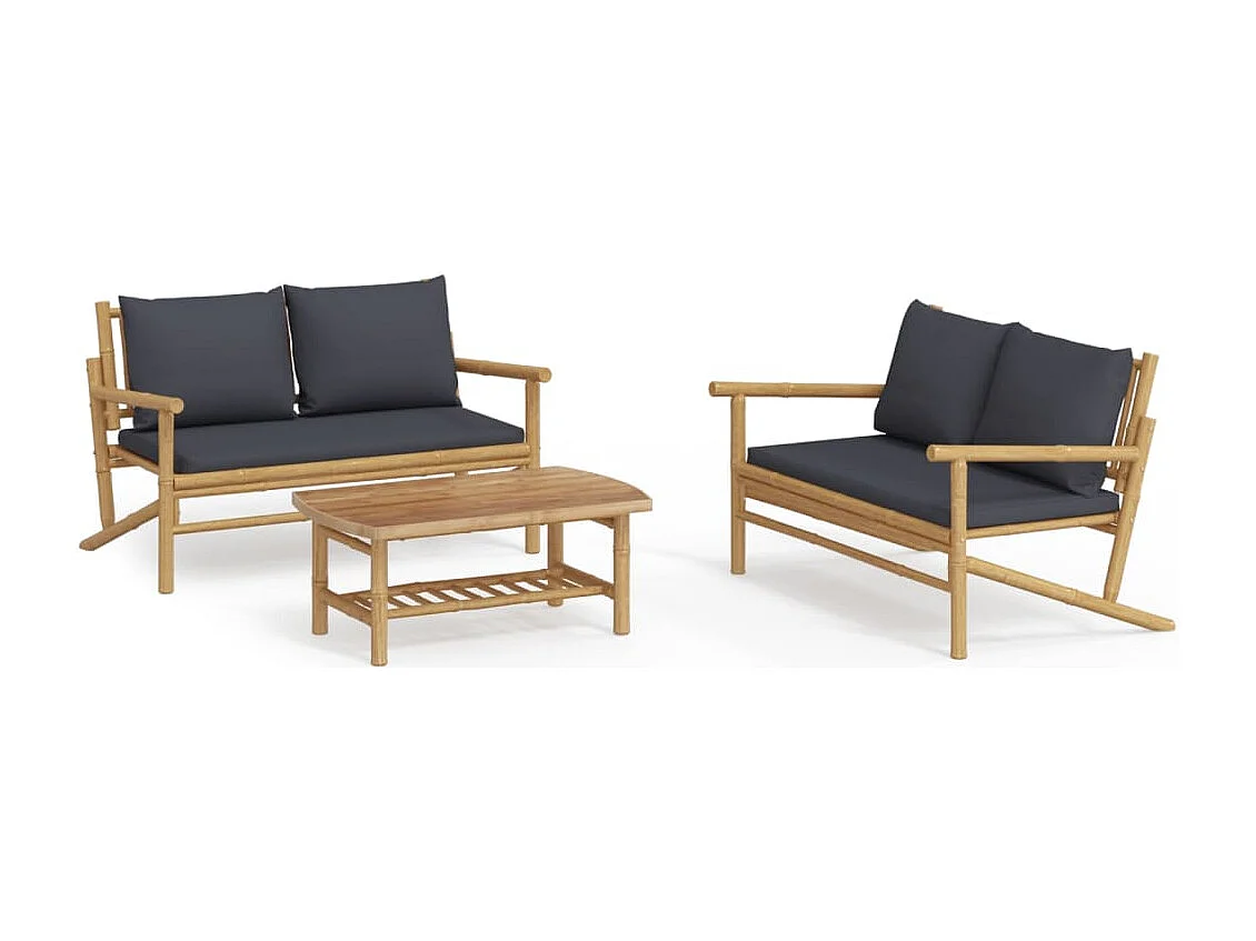 Salon de jardin 3 pcs avec coussins gris foncé bambou BE56374