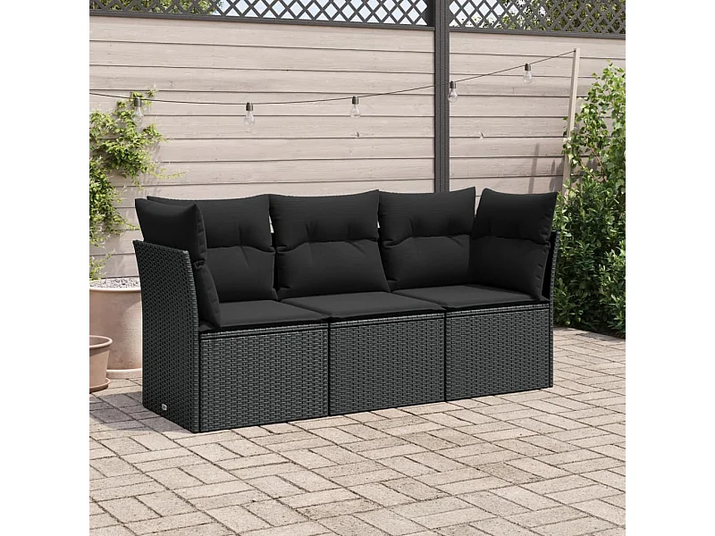 3-tlg. Garten-Sofagarnitur,Gartenmöbel-Set mit Kissen Schwarz Poly Rattan -gkd827479