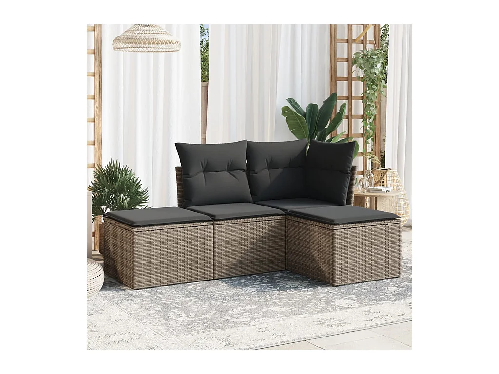 Salon de jardin 4 pcs avec coussins gris résine tressée BE79174