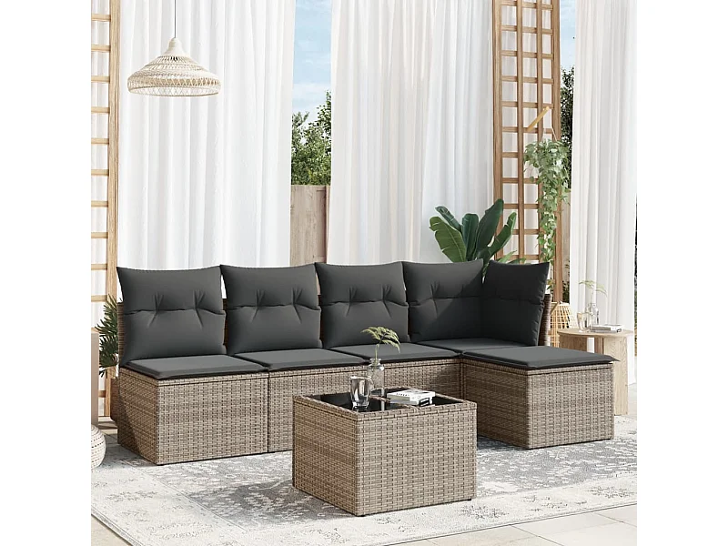 6-tlg. Garten-Sofagarnitur,Gartenmöbel-Set mit Kissen Grau Poly Rattan -gkd107886