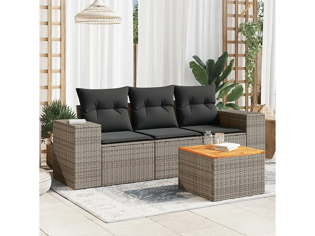 4-tlg. Garten-Sofagarnitur,Gartenmöbel-Set mit Kissen Grau Poly Rattan -gkd505260