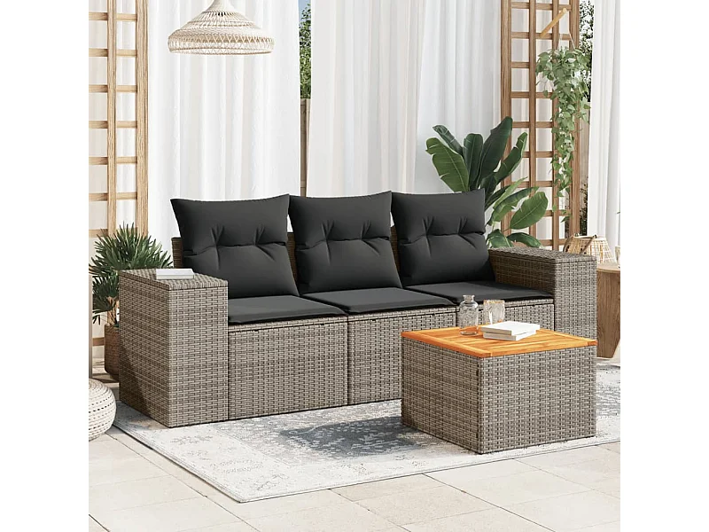 Salon de jardin 4 pcs avec coussins gris résine tressée BE14430