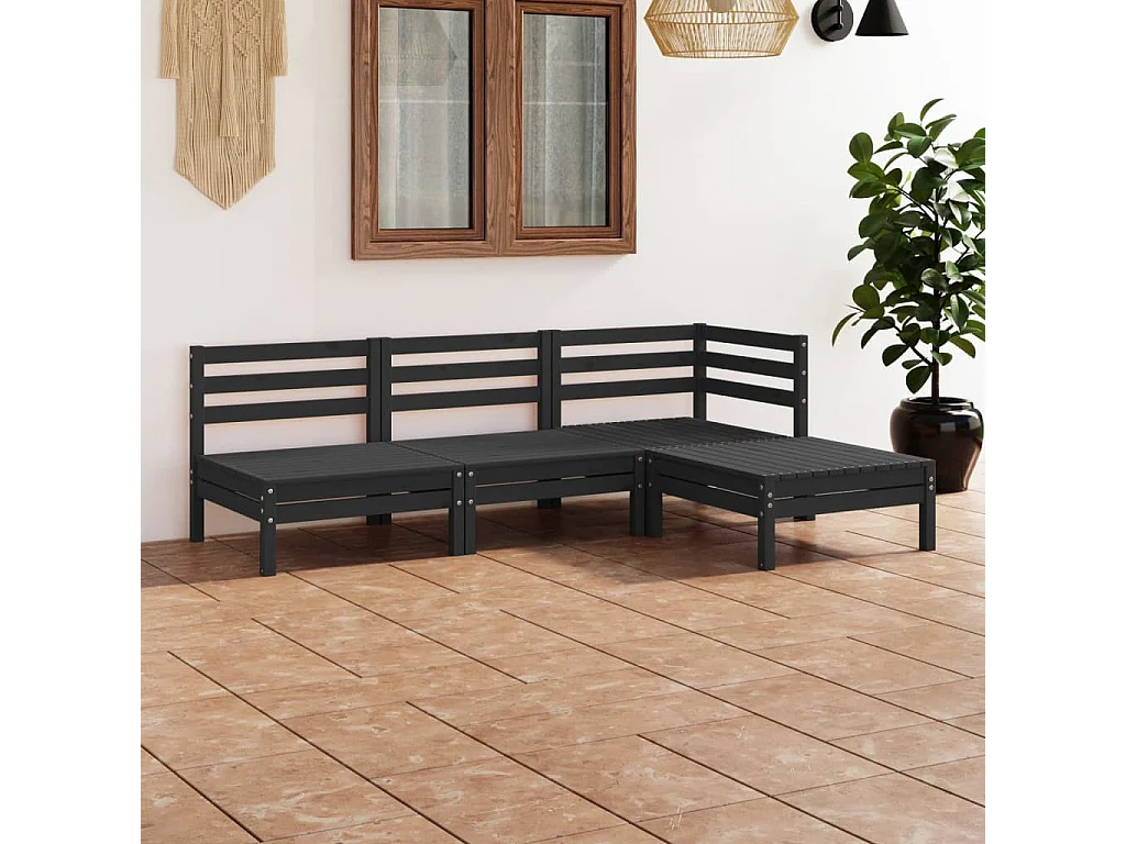4-tlg. Garten-Sitzgruppe: Sofa + Tisch | Garten-Lounge-Set Massivholz Kiefer Schwarz -GKD436229