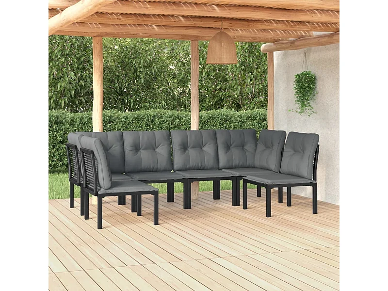 6-tlg. Garten-Sitzgruppe: Sofa + Tisch | Garten-Lounge-Set Schwarz und Grau Poly Rattan -GKD429614