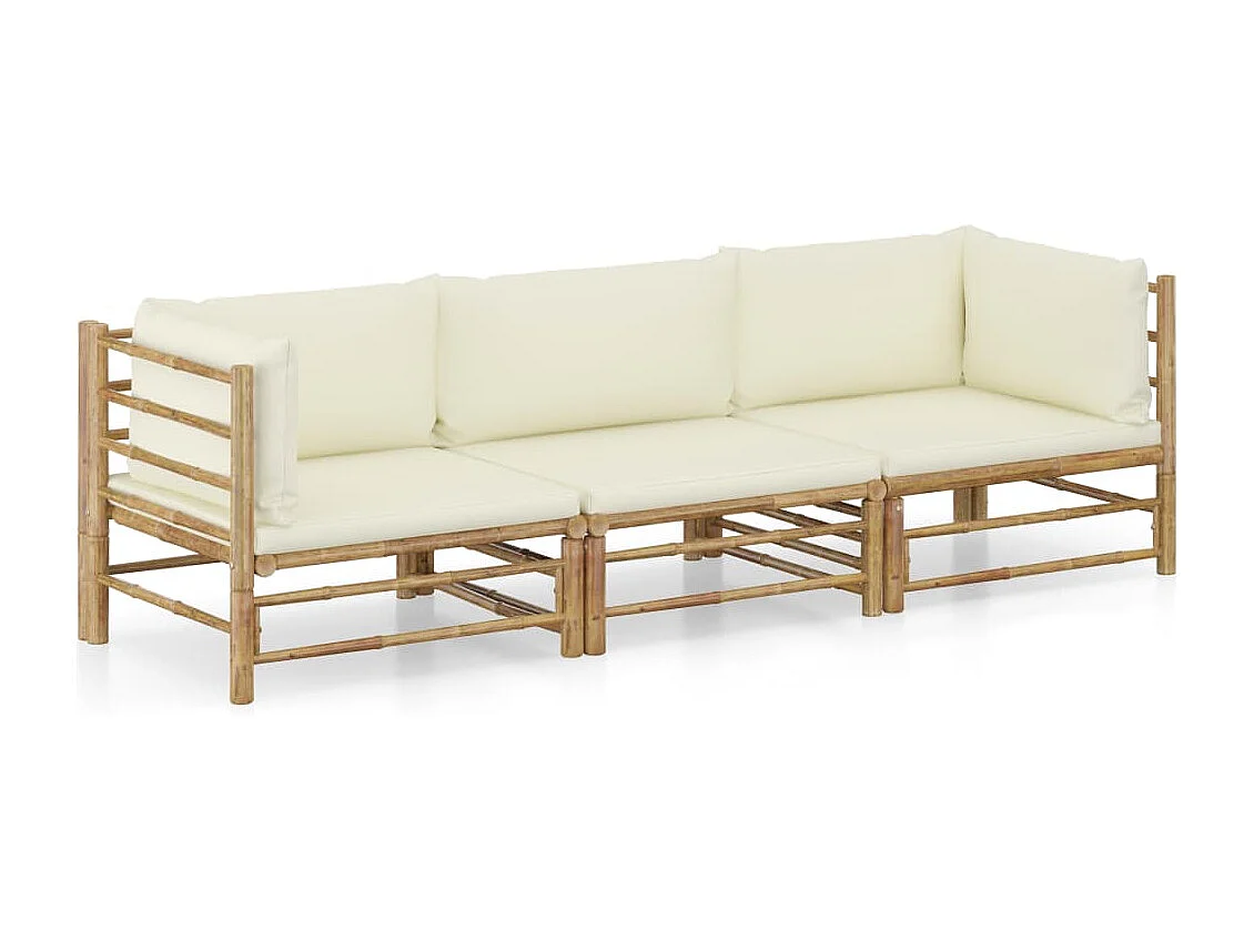 Salon de jardin 3 pcs avec coussins blanc crème Bambou BE21532