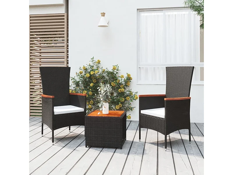 Salon de jardin 3 pcs noir poly rotin et acacia BE36586