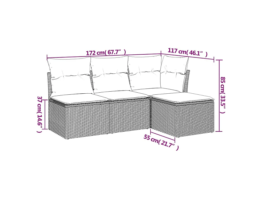 Salon de jardin 4 pcs avec coussins noir résine tressée BE94185