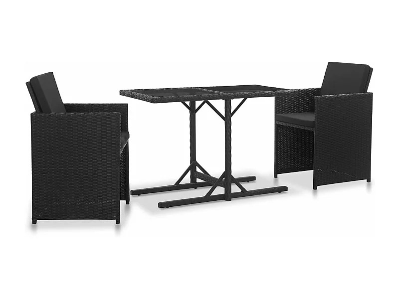 3 pcs conjunto jantar exterior com almofadões vime PE preto PT354768