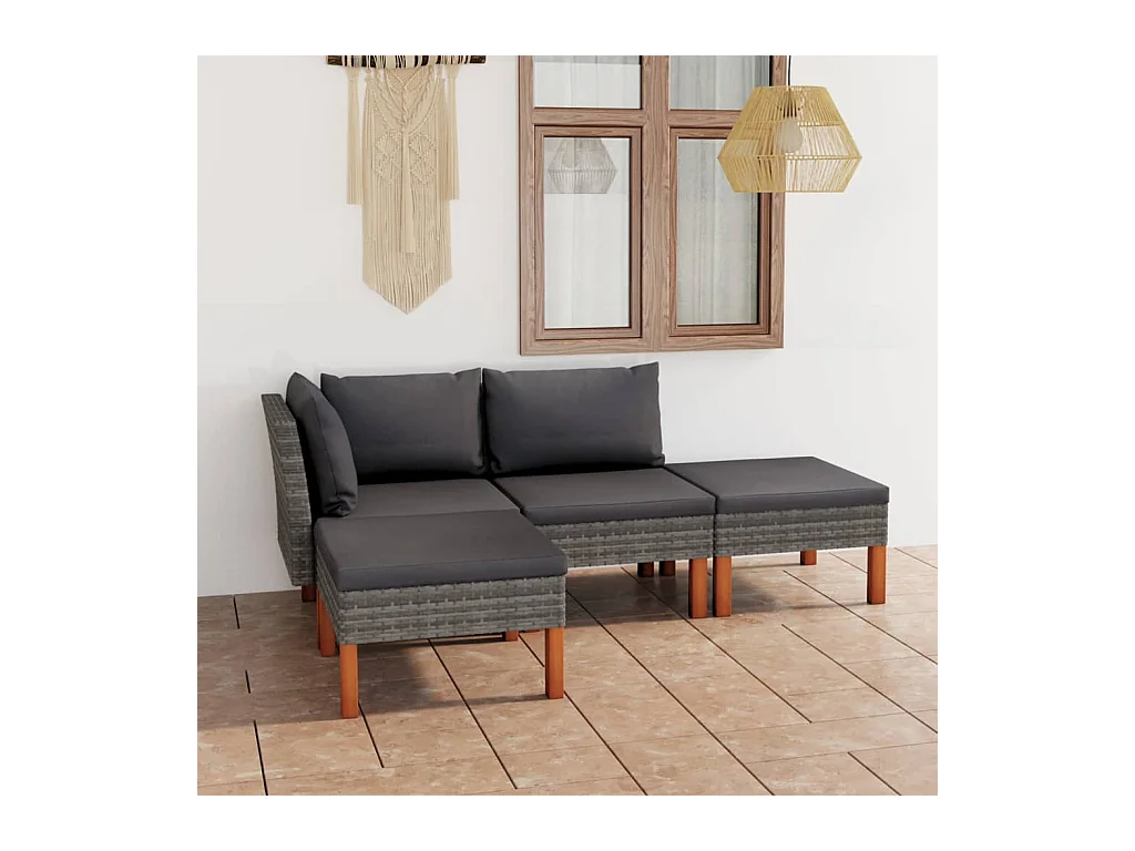 Salon de jardin 4 pcs avec coussins Résine tressée Gris BE15549