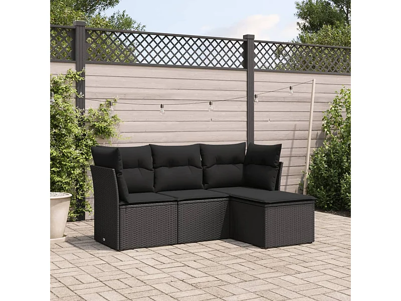 Salon de jardin 4 pcs avec coussins noir résine tressée BE12699