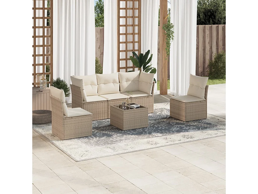 6-tlg. Garten-Sofagarnitur,Gartenmöbel-Set mit Kissen Beige Poly Rattan -gkd140569