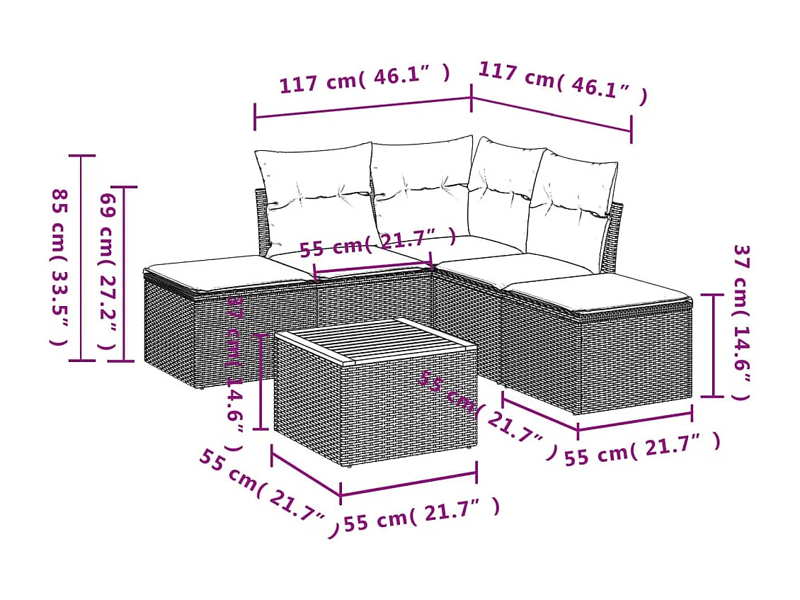 6 pcs conjunto sofás de jardim com almofadões vime cinzento PT206154