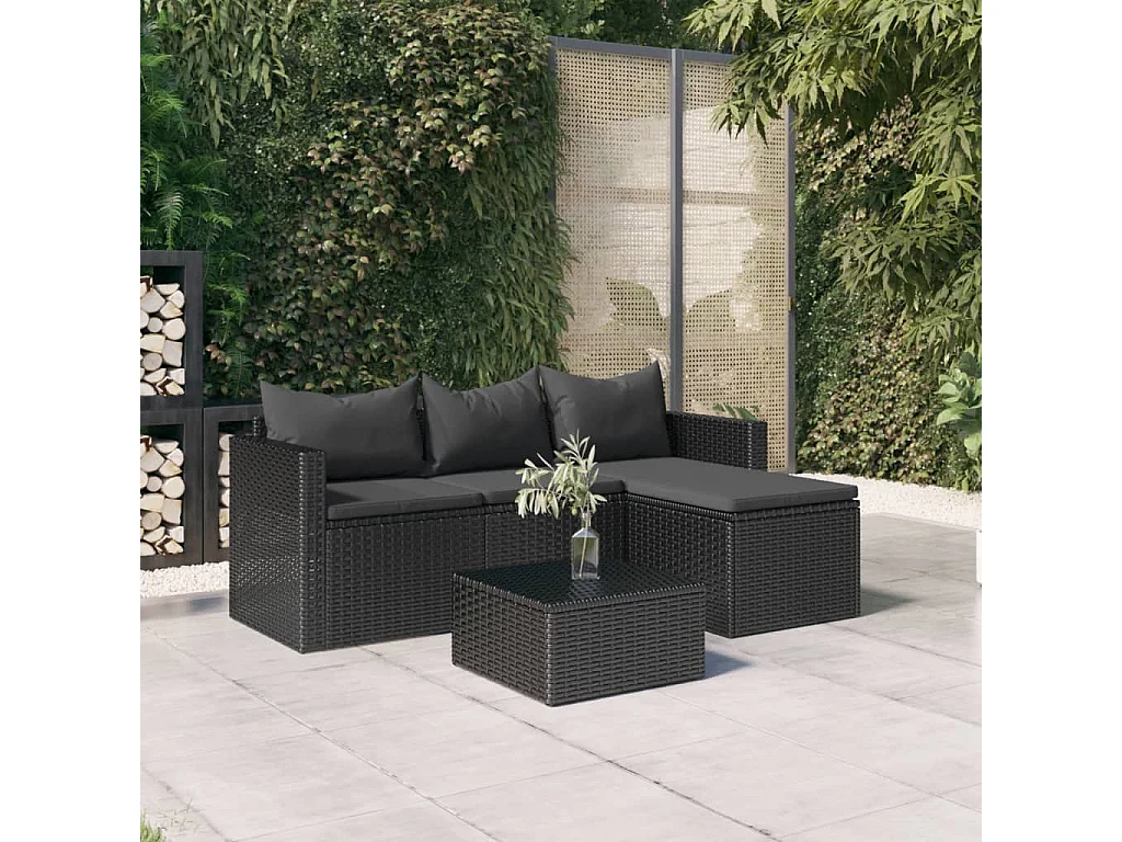 Garten-Sitzgruppe: Sofa + Tisch | Garten-Lounge-Set Schwarz Poly Rattan -GKD279984