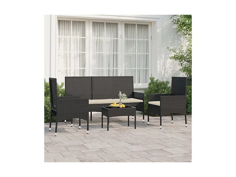 4-tlg. Garten-Sitzgruppe: Sofa + Tisch | Garten-Lounge-Set mit Kissen Schwarz Poly Rattan -GKD630554