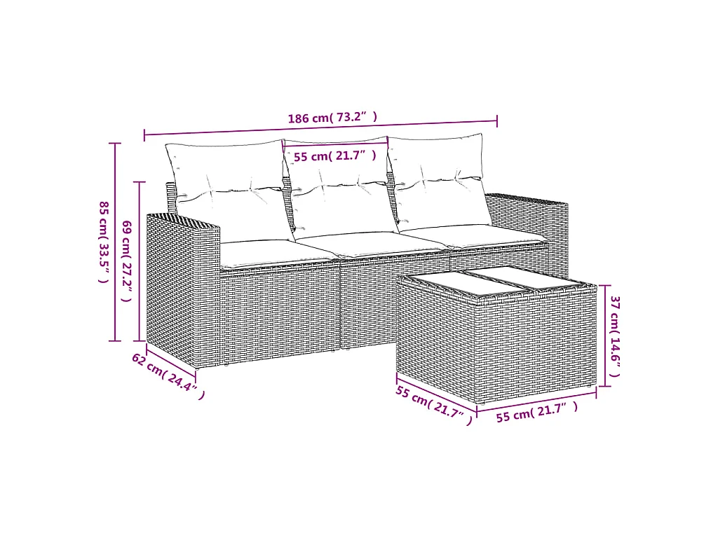 4-delige Loungeset met kussens poly rattan zwart NL62271