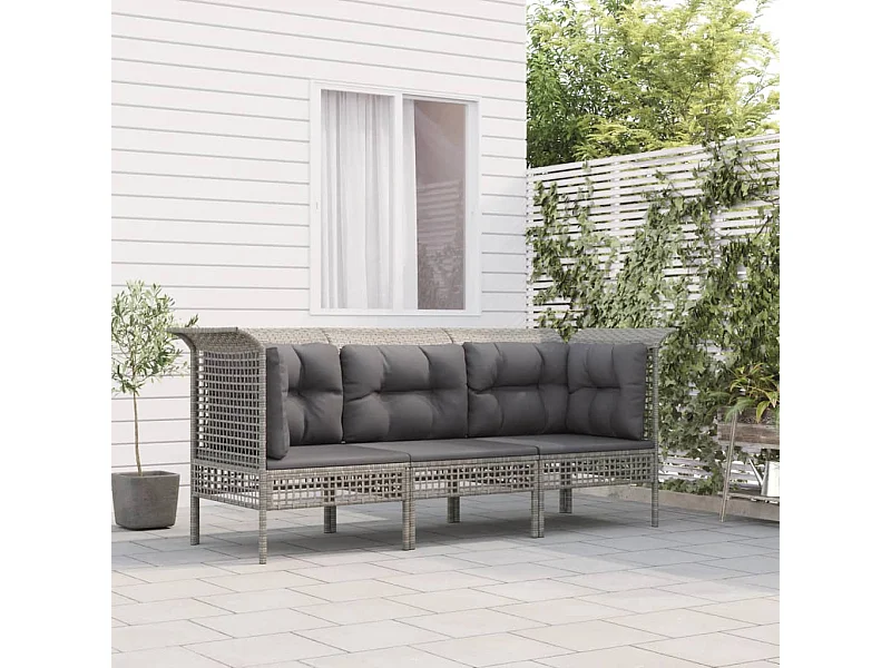 3-tlg. Garten-Sitzgruppe: Sofa + Tisch | Garten-Lounge-Set mit Kissen Grau Poly Rattan -GKD787729