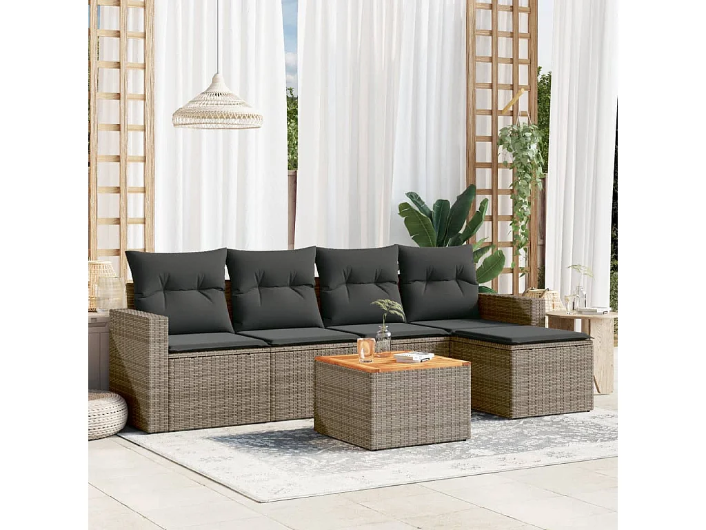 Salon de jardin 6 pcs avec coussins gris résine tressée BE32420
