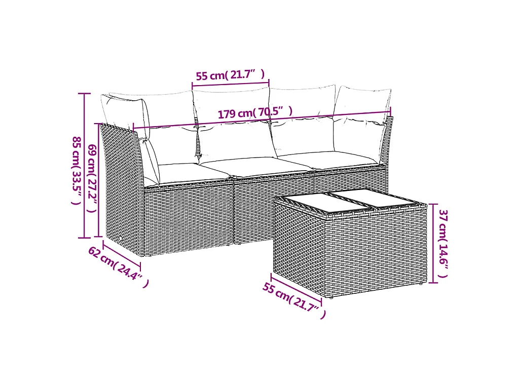 4-delige Loungeset met kussens poly rattan zwart NL13640