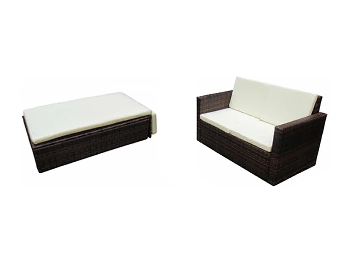 2 pcs conjunto lounge de jardim c/ almofadões vime PE castanho PT25847