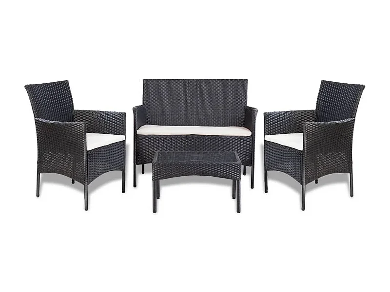 4-tlg. Garten-Sitzgruppe: Sofa + Tisch | Garten-Lounge-Set mit Auflagen Poly Rattan Schwarz -GKD722551