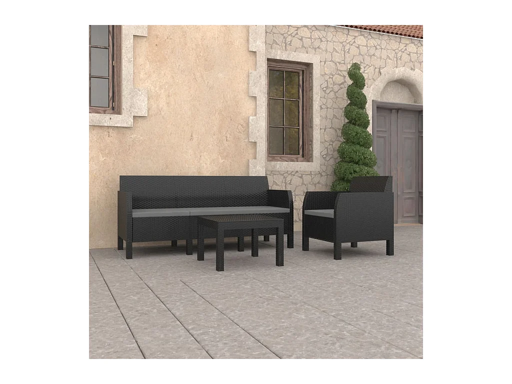 Salon de jardin 3 pcs avec coussins PP Rotin Anthracite BE67352