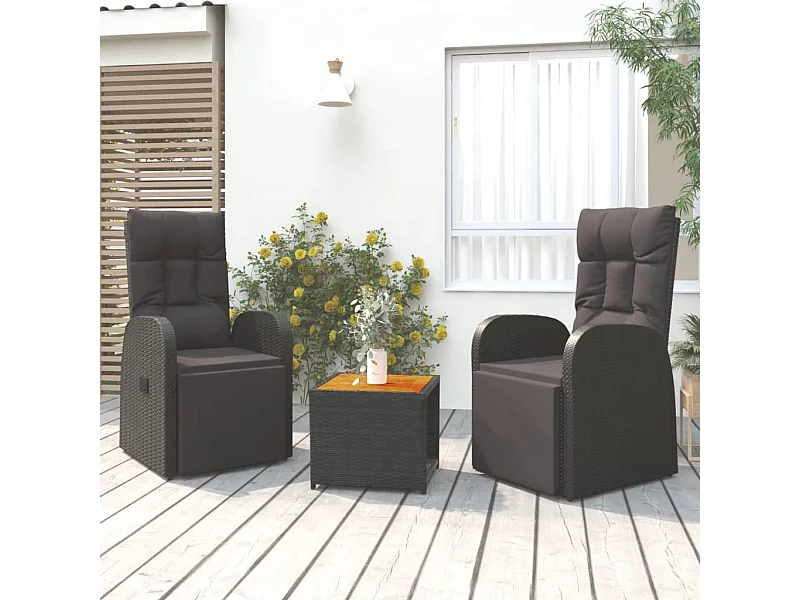 3-tlg. Garten-Sitzgruppe: Sofa + Tisch | Garten-Lounge-Set Schwarz Poly Rattan Massivholz Akazie -GKD539622