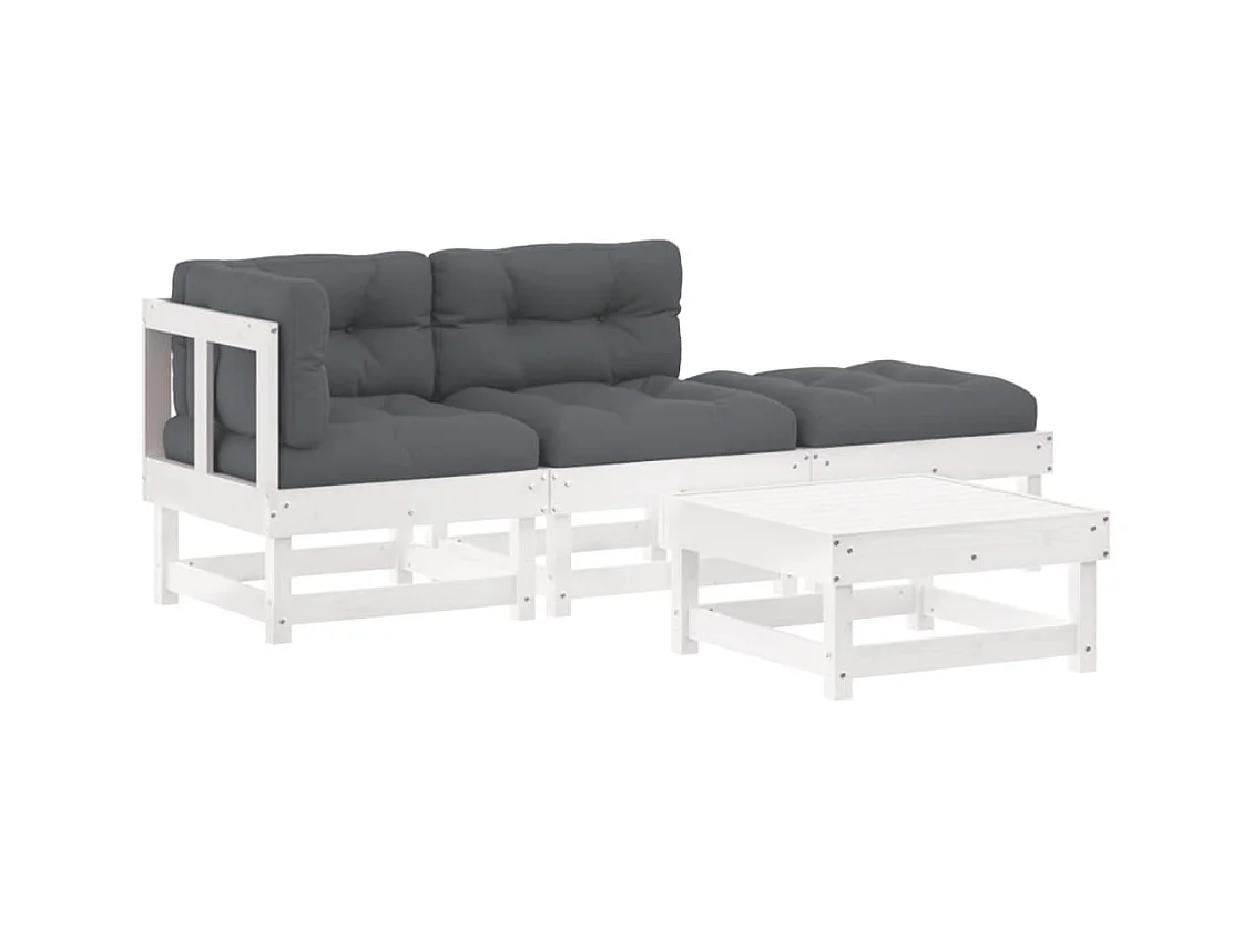 4-tlg. Garten-Sitzgruppe: Sofa + Tisch | Garten-Lounge-Set mit Kissen Weiß Massivholz -GKD487178
