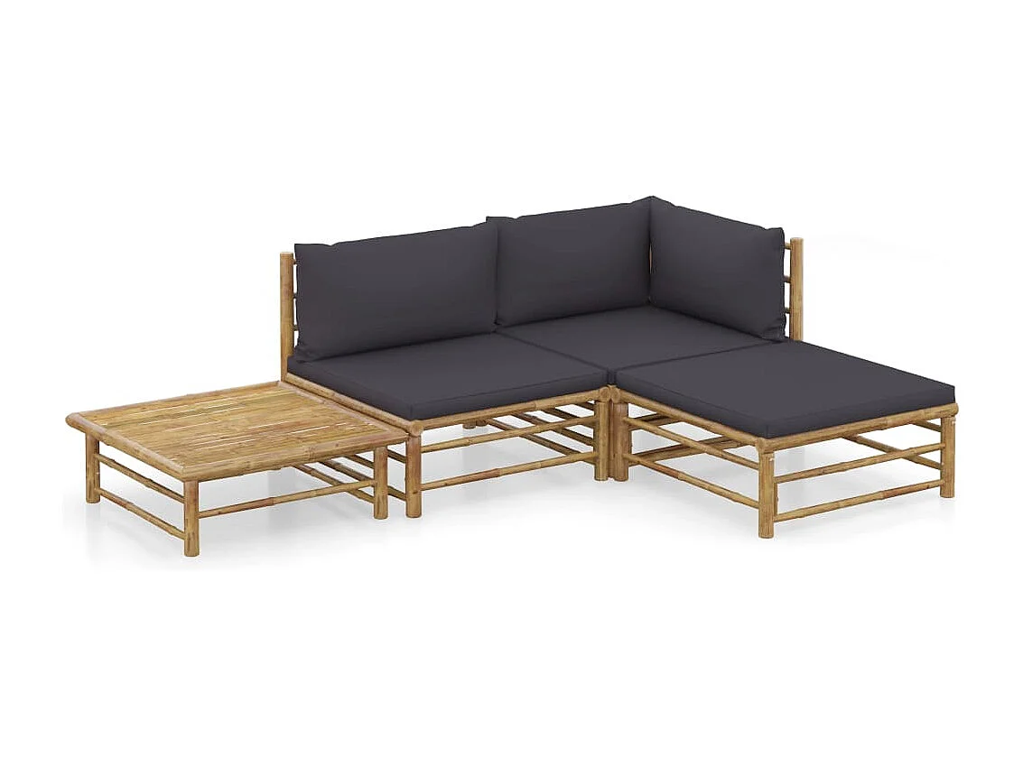 Salon de jardin 4 pcs avec coussins gris foncé Bambou BE27344
