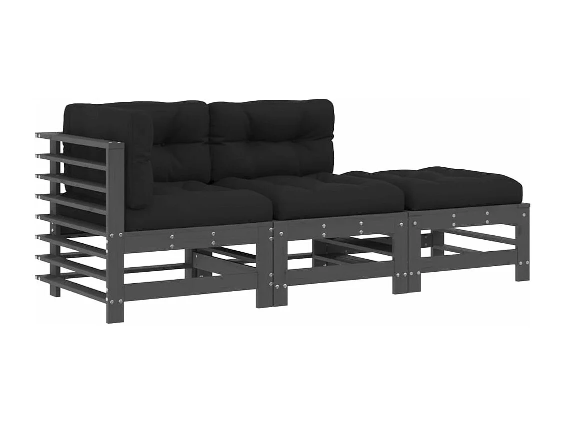 Salon de jardin 3 pcs avec coussins gris bois massif BE89560